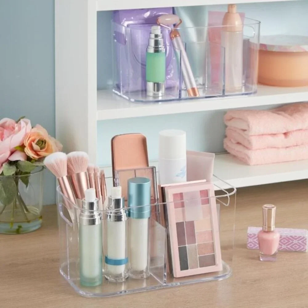 Bliss 5-Compartment Clear Makeup Organizer Bin with Handles for Vanity & Bath